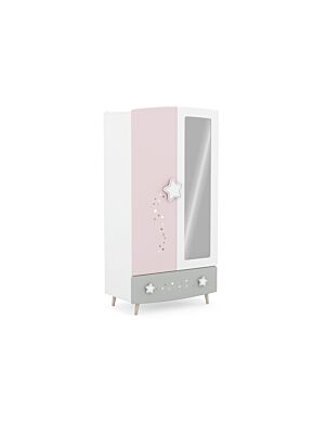 Armoire STELLA + 2 Portes + 1 Miroir - Rose / Blanc / Gris