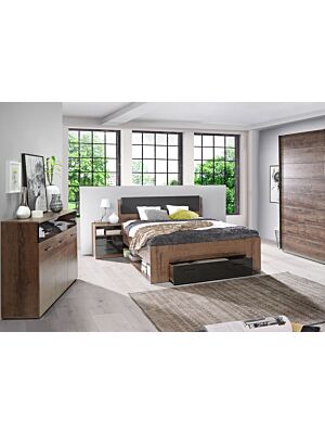 LIT JAWA 160x200cm Sans Sommier + 1 Tiroir + 2 Niches Chêne / Marron Foncé