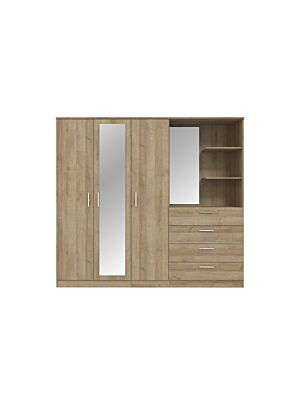 Armoire PANAMA Avec 3 Portes + 4 Tiroirs + 2 Étagères Et 2 Miroirs - Chêne