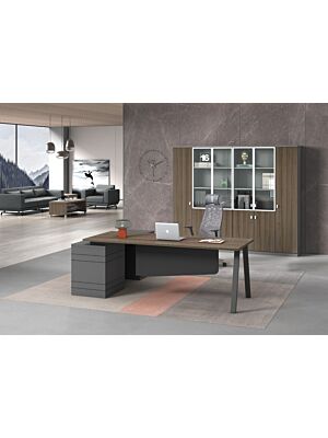 Bureau RESPECT + Crédence Et Pied Métallique 160x160x75cm - Noyer / Gris 