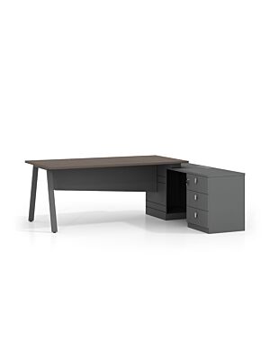 Bureau RESPECT + Crédence Et Pied Métallique 160x160x75cm - Noyer / Gris 