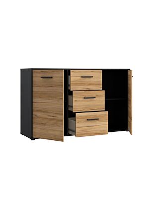 Commode MOKKARO Avec 2 Portes + 3 Tiroirs - Chêne / Noir