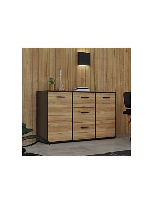 Commode MOKKARO Avec 2 Portes + 3 Tiroirs - Chêne / Noir