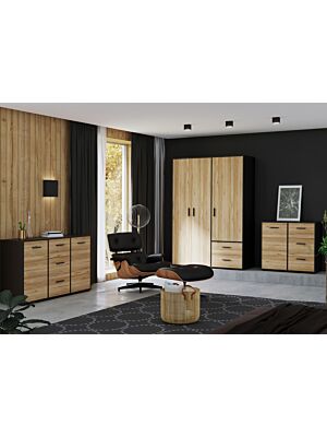 Armoire MOKKARO Avec 3 Portes Et 2 Tiroirs - Chêne / Noir