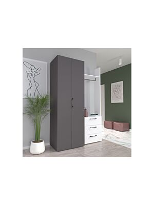 Armoire CANBERRA 2 Portes Avec Penderie + 3 Tiroirs - Gris / Blanc