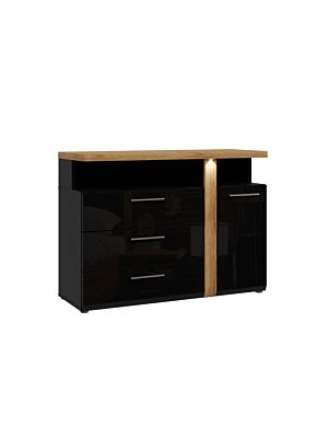 Commode TULUZA BLACK Avec 3 Tiroirs Et 1 Porte + LED - Chêne / Noir