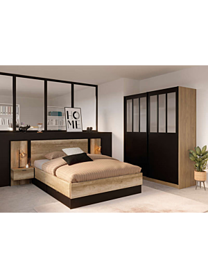 Pack Lit TORONTO 160x200cm Avec Sommier + Chevets Suspendus - Oak / Noir