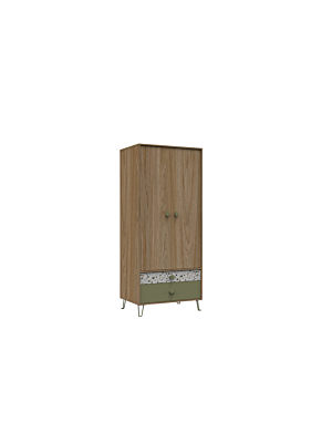 Armoire GRETA 2 Portes+ 2 Tiroirs - Blanc / Chêne / Vert