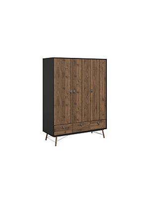 Armoire NAIARY Avec 3 Portes + 3 Tiroirs - Noir Mat / Noyer