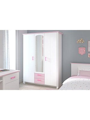 Armoire BEAUTIFUL Avec 3 Portes Et 2 Tiroirs + Miroir - Blanc / Rose