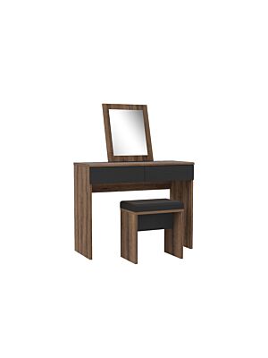 Coiffeuse BELLEVUE + Miroir + Tabouret - Chêne /  Marron / Noir