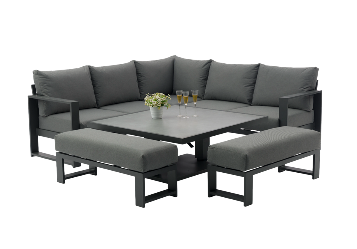 Coin Jardin Cendro +Table Haute / Basse +2 Bancs – Gris