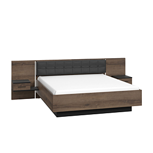 Pack BELLEVUE 180x200cm : Lit + Deux Tables De Chevets Avec 1 Tiroir + Eclairage - Chêne / Marron Foncé