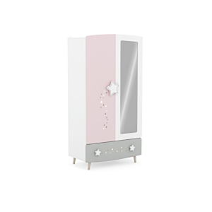 Armoire STELLA + 2 Portes + 1 Miroir - Rose / Blanc / Gris