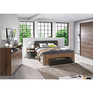 LIT JAWA 160x200cm Sans Sommier + 1 Tiroir + 2 Niches Chêne / Marron Foncé Lits enfant