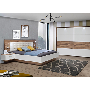 Pack MODERN WAY : Lit sans sommier + 2 Tables de chevet + éclairage - Blanc