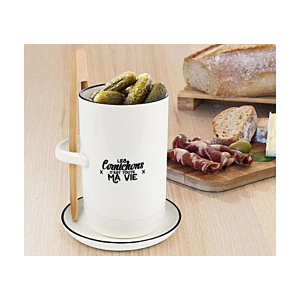 Pot À Cornichon Avec Soucoupe Et Pince - Blanc / Noir