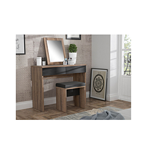 Coiffeuse BELLEVUE + Miroir + Tabouret - Chêne / Marron / Noir