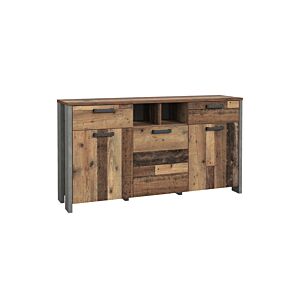 Double Commode CLIF Avec 3 Portes + 2 Tiroirs + 2 Niches - Gris / Chêne Vintage