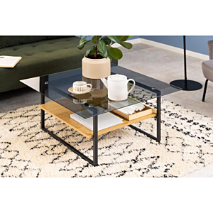 Table Basse OKAYA En Verre + Étagère En Mélamine - Chêne