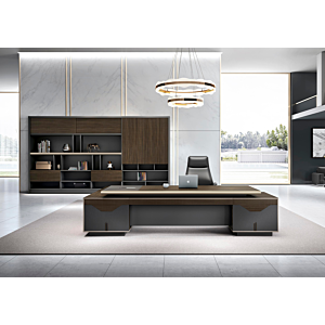 Bureau Présidentiel LUXURY 320x220x76cm - Chêne Foncé / Gris