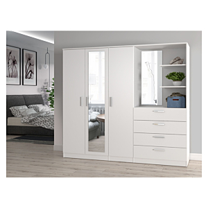 Armoire PANAMA Avec 3 Portes + 4 Tiroirs + 2 Étagères Et 2 Miroirs - Blanc