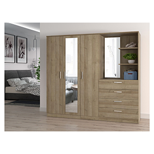 Armoire PANAMA Avec 3 Portes + 4 Tiroirs + 2 Étagères Et 2 Miroirs - Chêne