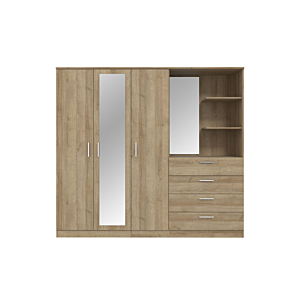 Armoire PANAMA Avec 3 Portes + 4 Tiroirs + 2 Étagères Et 2 Miroirs - Chêne Armoires de rangements