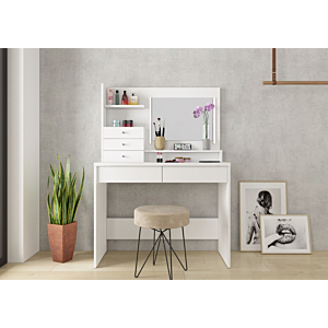 Coiffeuse WISH Avec Miroir + 5 Tiroirs + Etagère Et Led - Blanc
