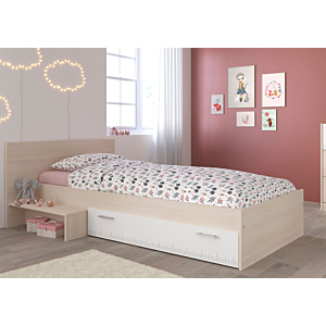 Pack Lit CHARLY Avec Tiroir 90x190cm + Sommier + Matelas Chêne / Blanc
