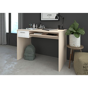 Bureau CHARLY Avec 1 Tiroir + Tablette Coulissante - Chêne / Blanc