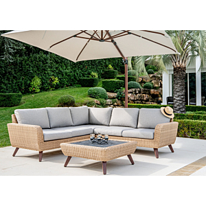 Coin Royal RIVIERA Avec Table + 2 Poufs - Gris / Miel