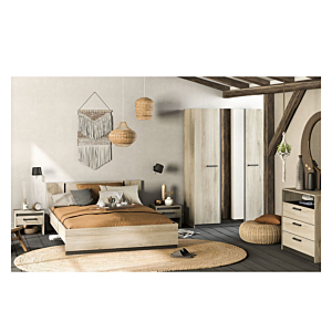 Armoire WATSON 3 Portes Avec 1 Miroir - Chêne / Noir