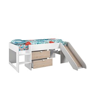 Lit Toboggan TOBO Avec Planche Sommier + 2 Tiroirs + Niches - Chêne / Blanc Promos printemps