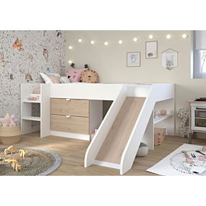 Lit Toboggan TOBO Avec Planche Sommier + 2 Tiroirs + Niches - Chêne / Blanc