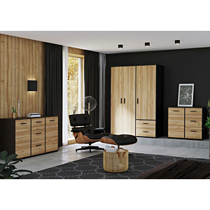 Commode MOKKARO 1 Porte + 3 Tiroirs - Chêne / Noir