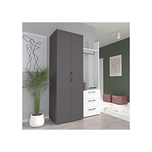 Armoire CANBERRA 2 Portes Avec Penderie + 3 Tiroirs - Gris / Blanc