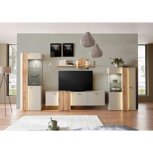 Grand Meuble TV SANTANA 4 Portes - Chêne / Gris