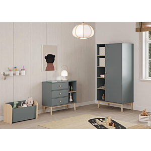 Commode SACHA 3 tiroirs + 2 Niches - Vert Kaki / Chêne