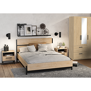 Pack Lit CRAFT + Sommier + 2 Tables De Chevet - Chêne / Noir