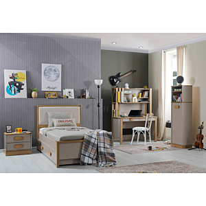 Lit HUGA 90x200cm Avec Sommier - Beige / Chêne 