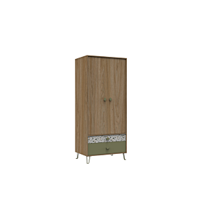 Armoire GRETA 2 Portes+ 2 Tiroirs - Blanc / Chêne / Vert