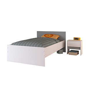 Pack Lit PIROUETTE + Chevet + Matelas + Sommier - Blanc / Gris / Rose