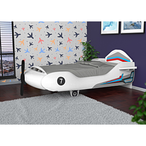 Lit AVION 90x190 Avec Sommier - Blanc Noir / Bleu Rouge
