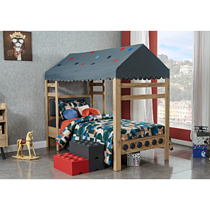 LIT CABANE LEGO 90x190cm AVEC PLANCHE SOMMIER - Chêne / Gris