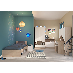 Pack Lit Étoile 90x190 Avec Sommier + Matelas + Table de chevet - Chêne 