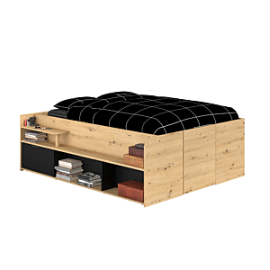 LIT TRAVEL 140x190/200+ Rangement + SOMMIER - Chêne / Noir Lits adulte