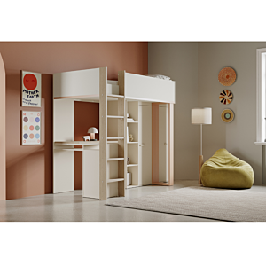 LIT surélevé CAMILLIA 90x200 Avec BUREAU +ARMOIRE + 6 NICHES - Beige