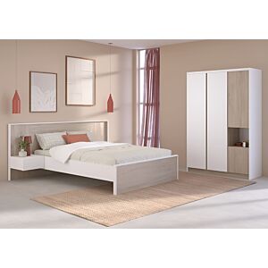 LIT PALANTE 140x190/200 SANS SOMMIER + 2 Tables de chevet - Blanc / Chêne