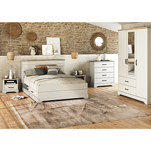 LIT COTTAGE 140x190/200cm SANS SOMMIER + 2TIROIRS + 2 NICHES - Blanc / Chêne